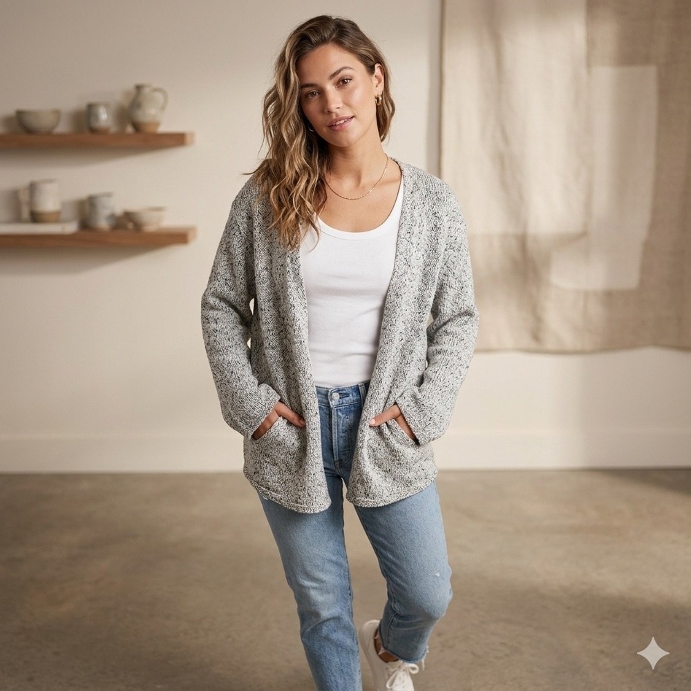 J Jill Womens Size 3X Plus Silk Blend Knit Cardigan Sweater Grey Marl Open Front